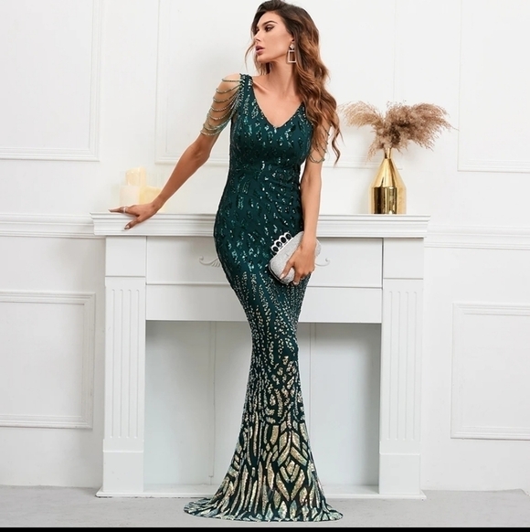 Dark Green Rhinestone Contrast Sequined Graphic Print Mermaid Maxi gown